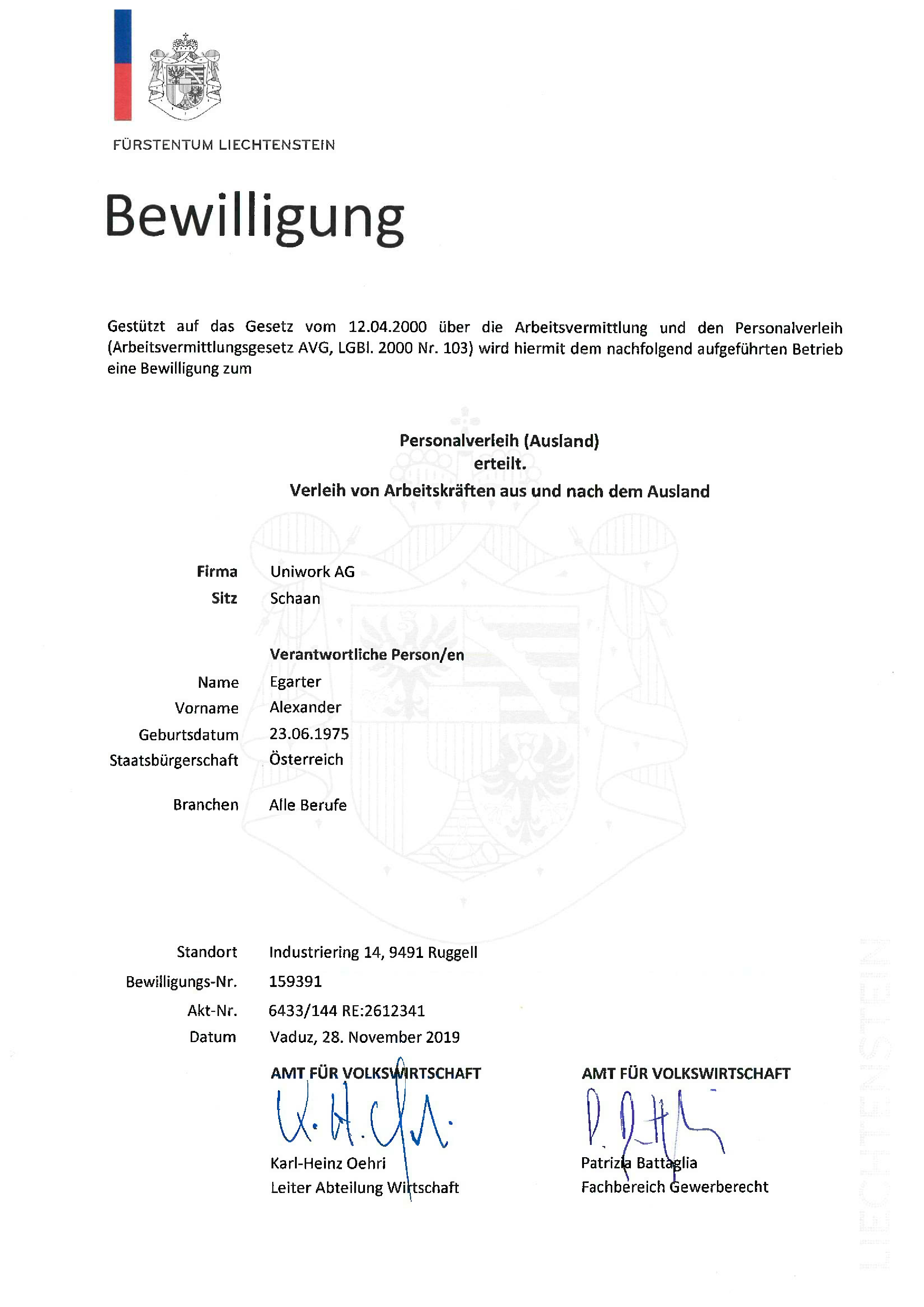Bewilligungen Uniwork Industrial Services